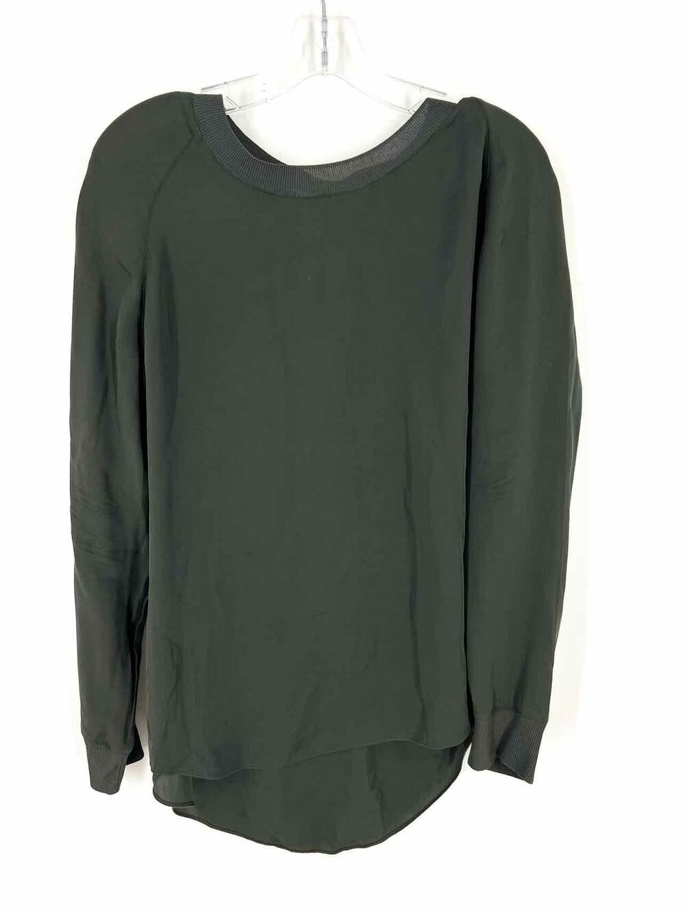 Vince Size L Dark Green Solid Silk Designer Top-Long Sleeve